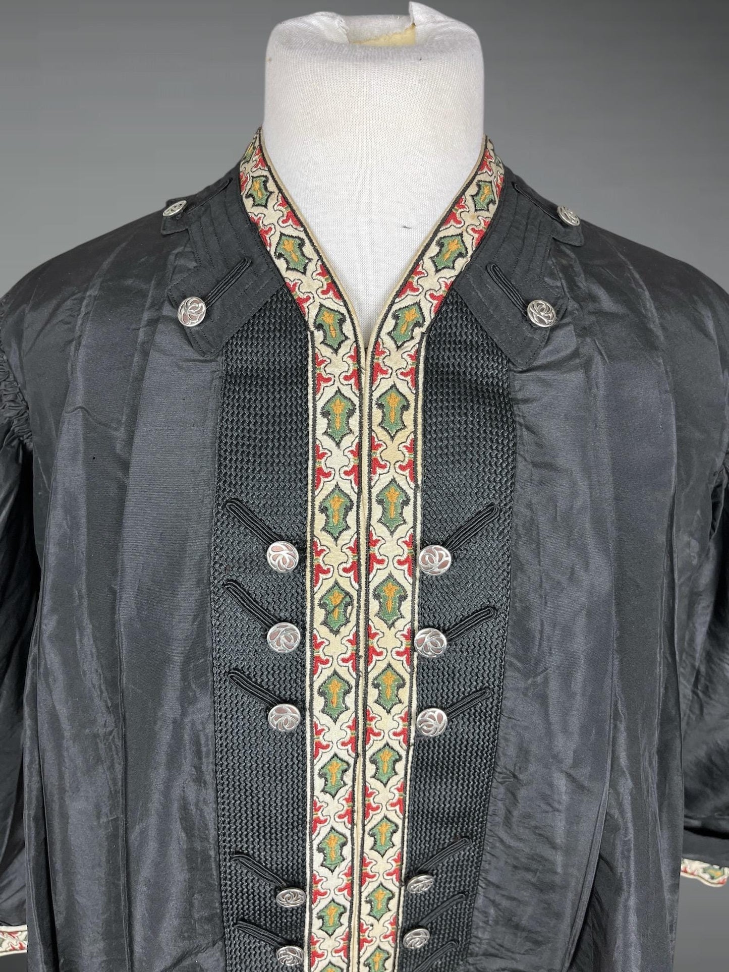 Antique 1900s Edwardian Black Silk Eton Jacket with Embroidered Trim, Folk-Influenced Historic Costume, M–L