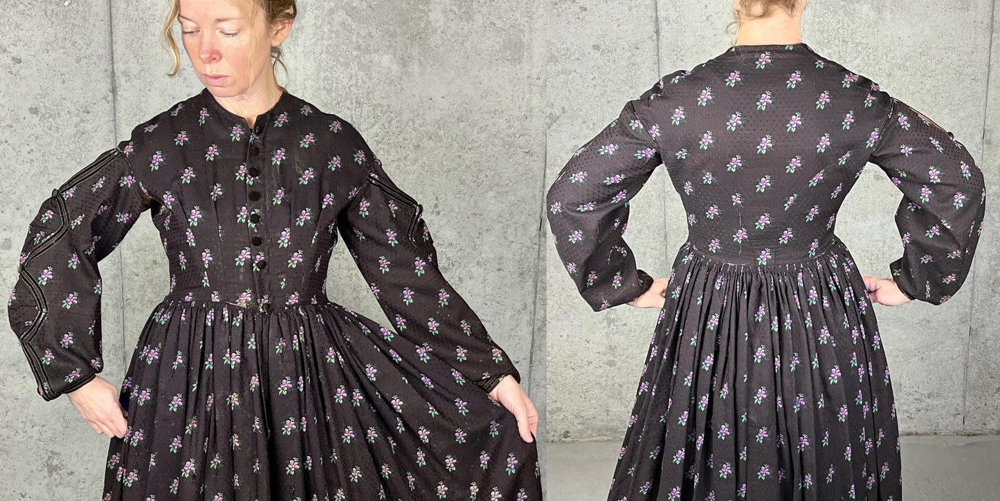 Antique 1850s Victorian Floral Printed Day Dress, 19th Century, XS/S