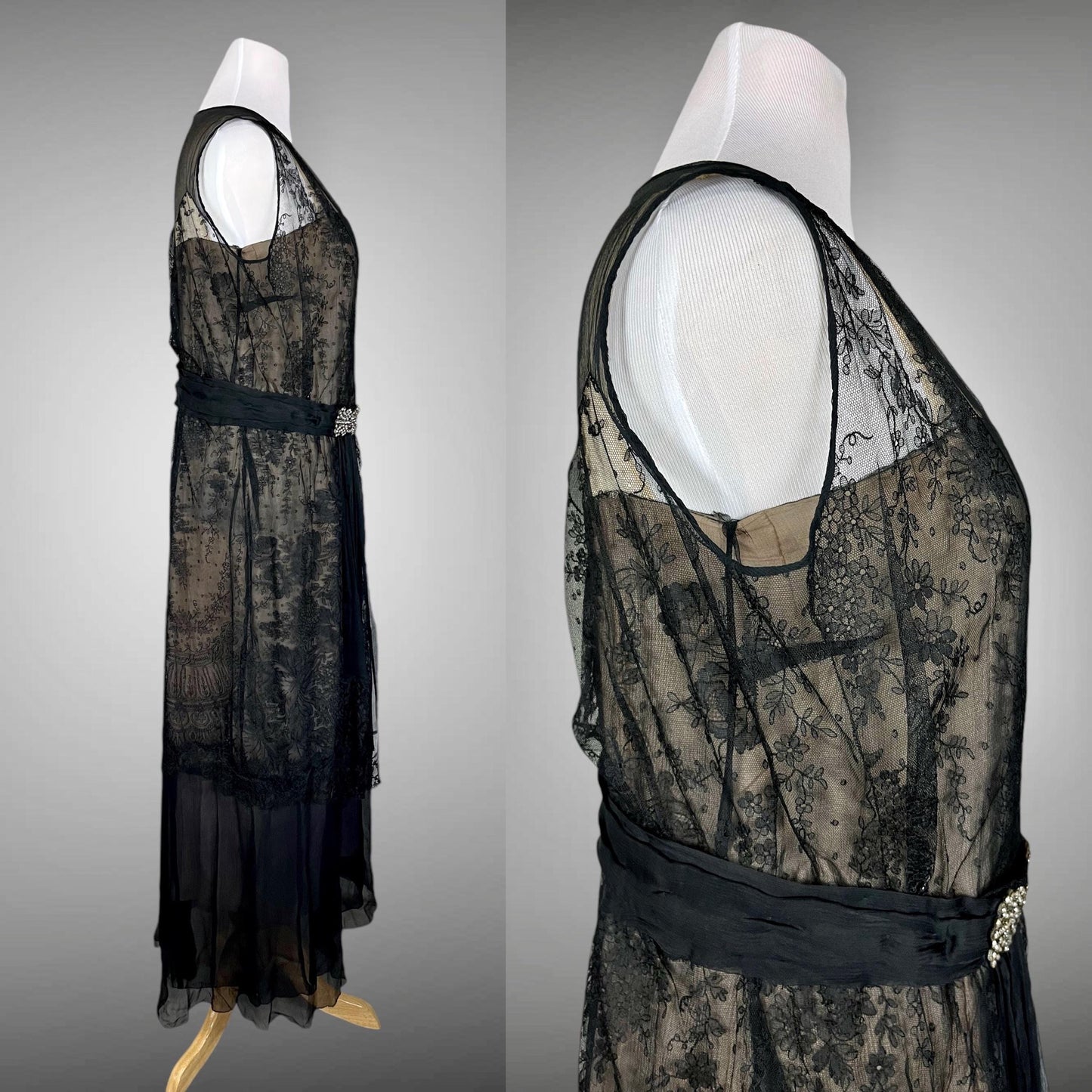 Vintage 1930s Black Silk Chiffon Chantilly Lace Evening Dress, Large