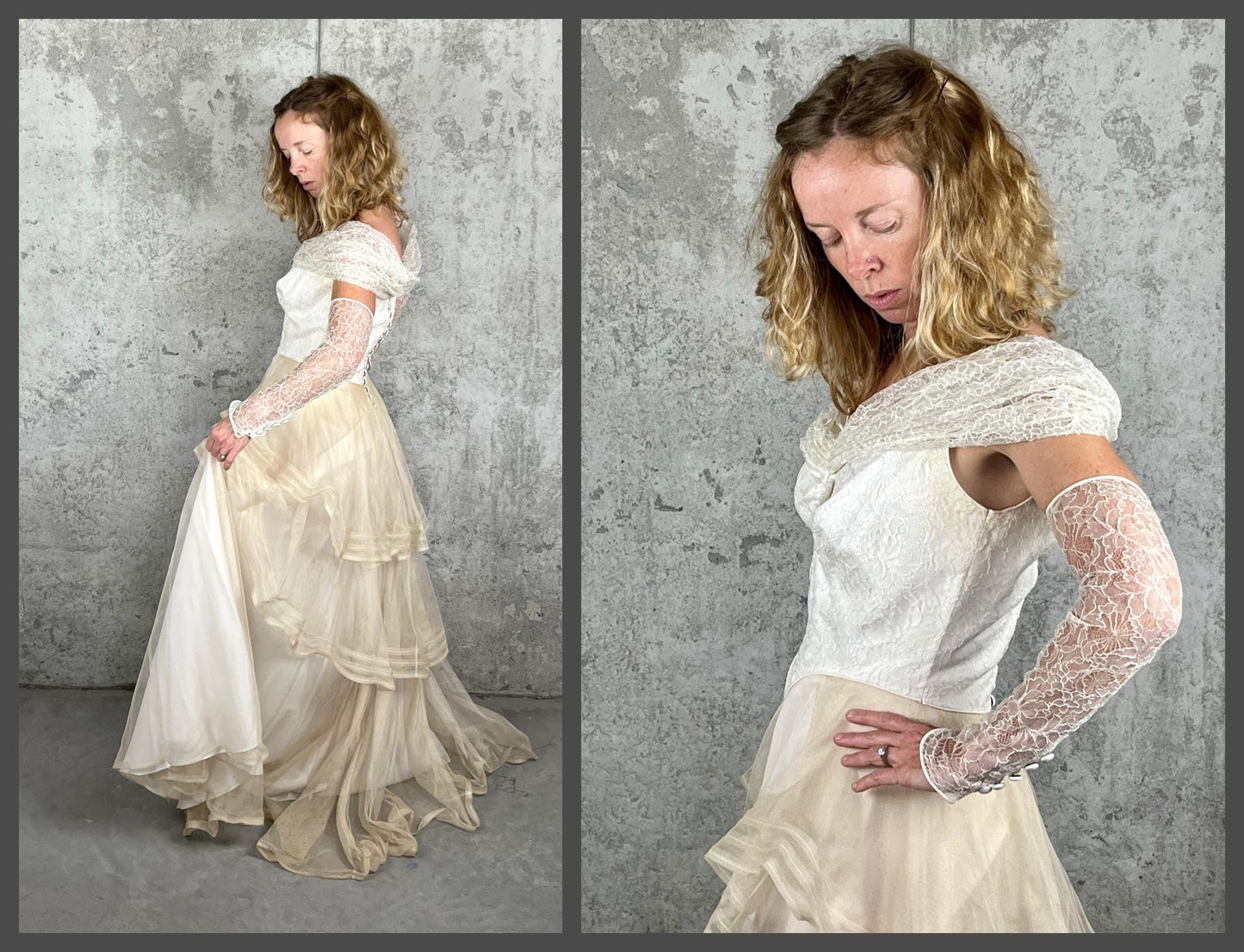 Vintage Late 1930s–1940s Wedding Dress, Satin & Net Lace Bridal Gown with Off-Shoulder Collar, Small