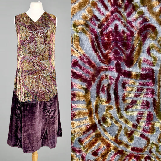 Vintage 1920s Devoré Burnout Silk Velvet Flapper Dress, Plum Gold & Olive, S