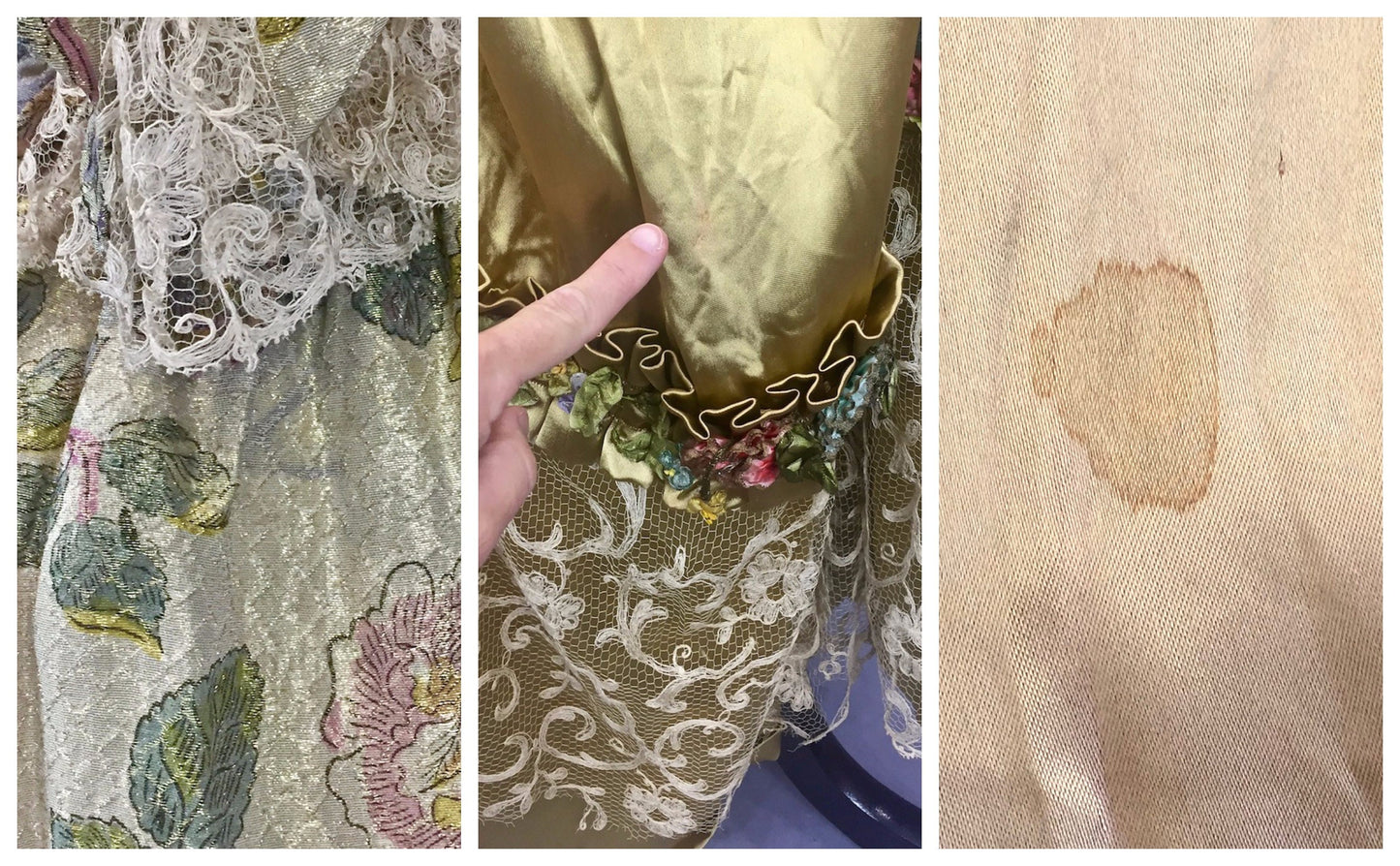 Antique 1910s Rococo Revival Evening Gown in Floral Lamé and Liquid Gold Silk with Ribbon Flowers and Lace Bell Sleeves, by Thurn Paris–New York, M - M/L