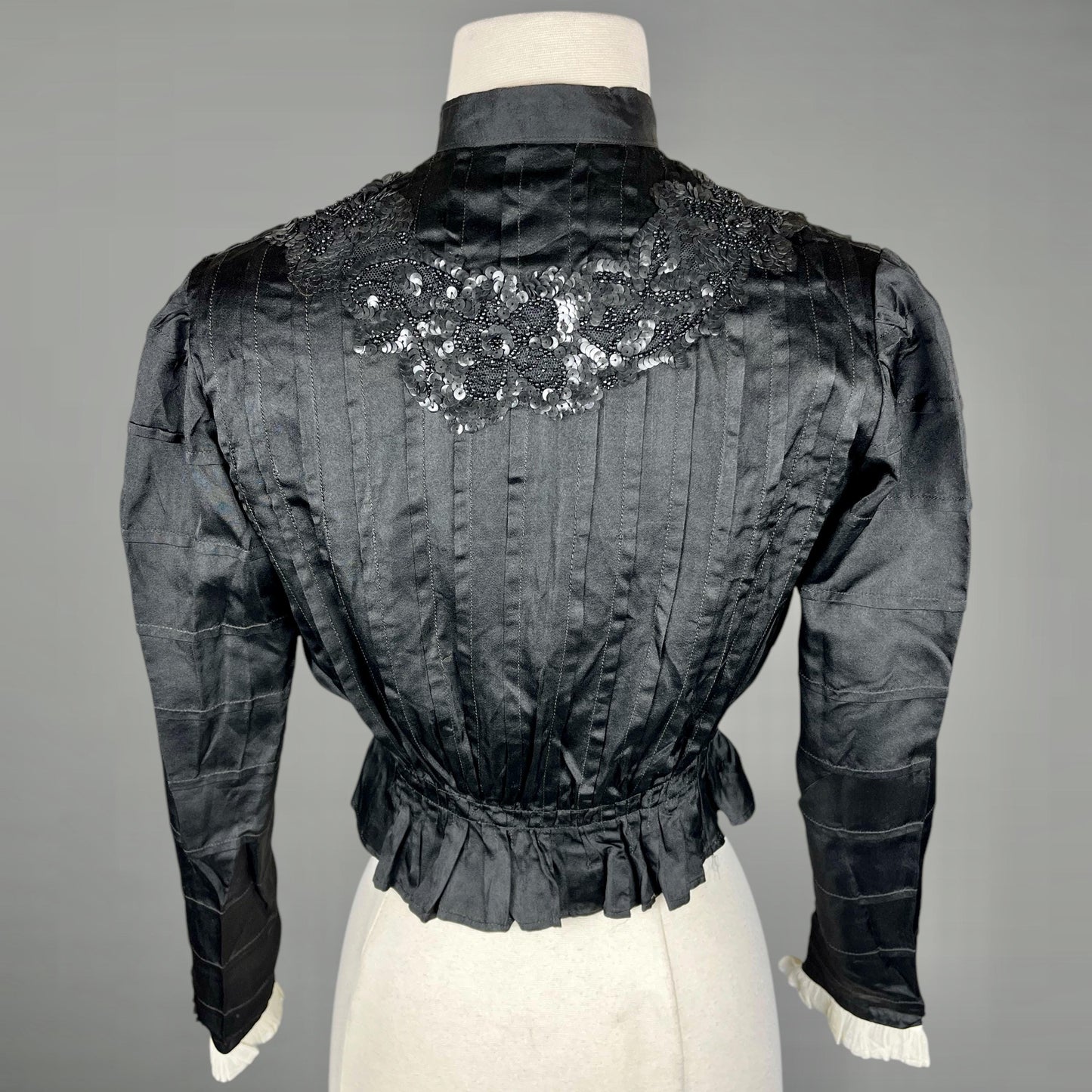 Antique Edwardian 1900s Beaded & Sequined Black Silk Blouse, XS–S
