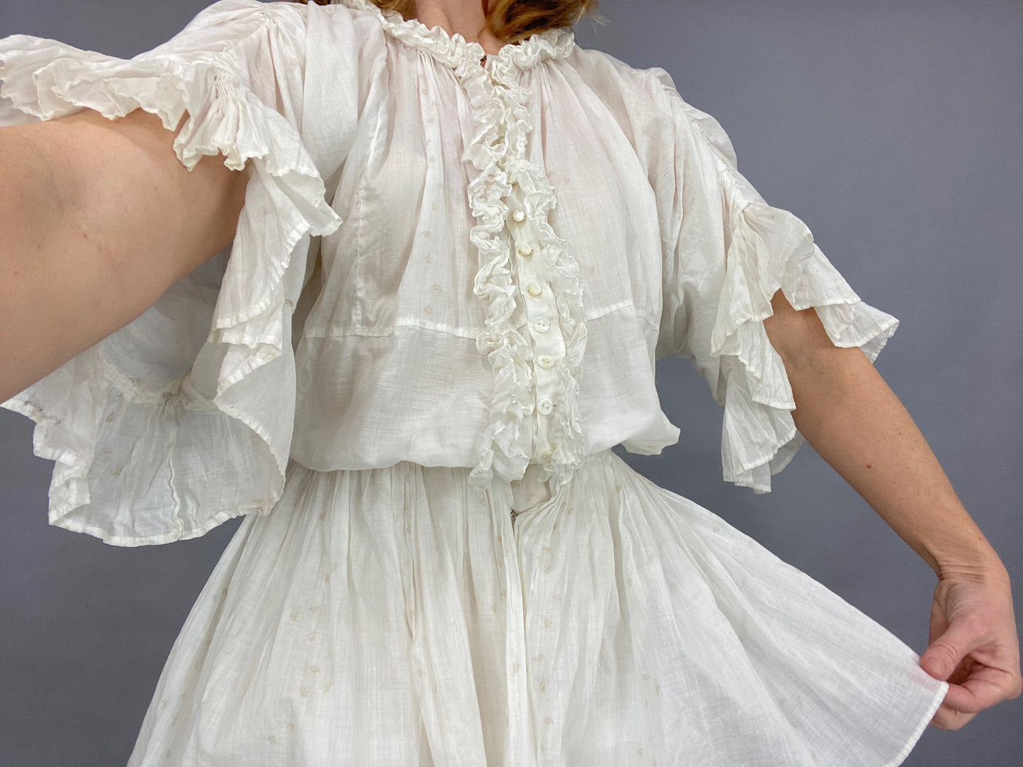 Antique Edwardian 1900s Printed Cotton 2-Piece Dress, Skirt & Tunic Blouse, XXS 23" Waist