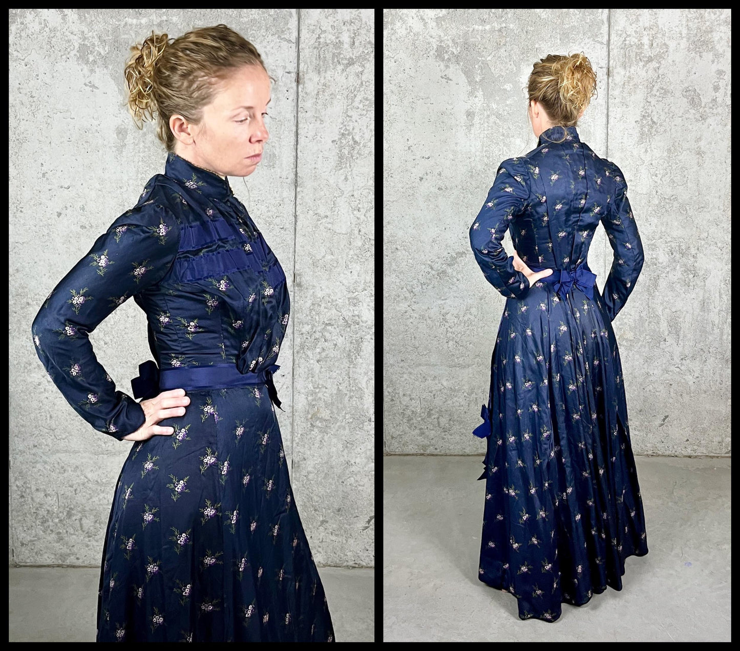 Antique Turn-of-the-Century Floral Silk Gibson Girl Dress Set, Victorian Edwardian Two-Piece, XS