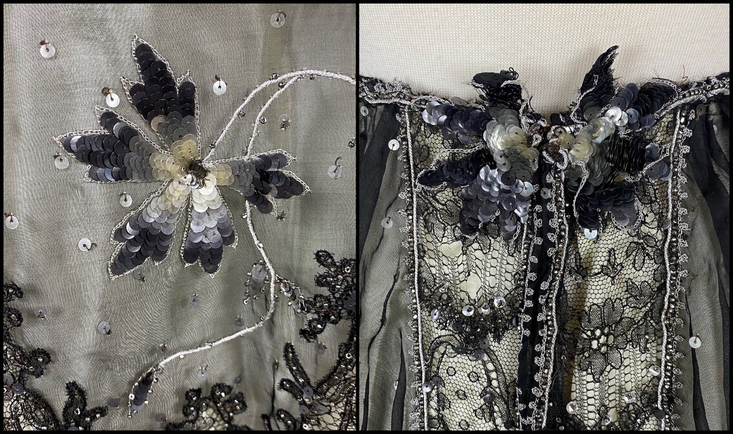 Antique Edwardian Early 1900s Sequined Silk Chantilly Lace Dress, Trained Skirt, Small