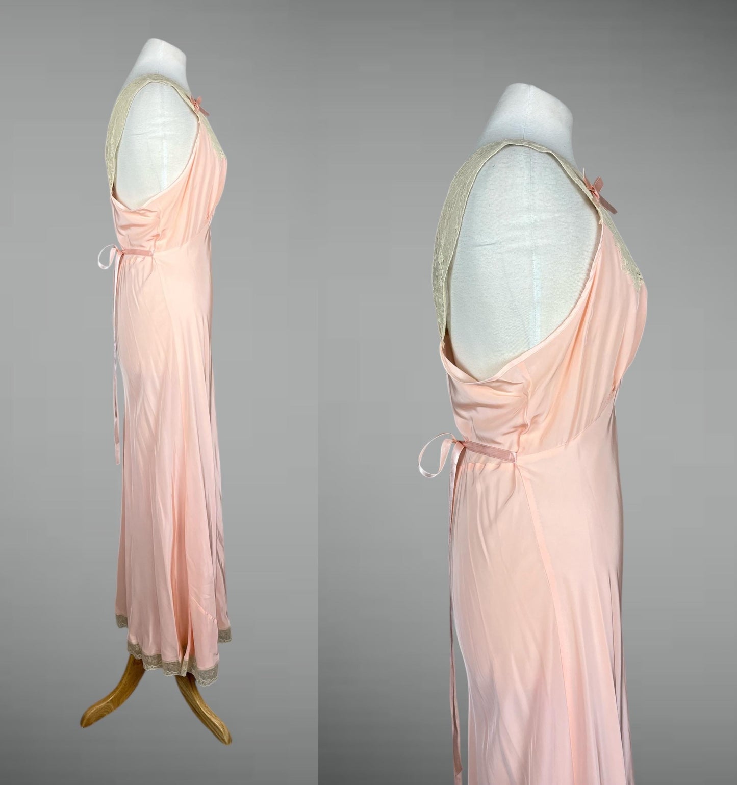 Vintage 1940s Pink Rayon Satin Nightgown, NOS Luxite Holeproof Bias-Cut Slip with Lace Bodice & Bows, M–L