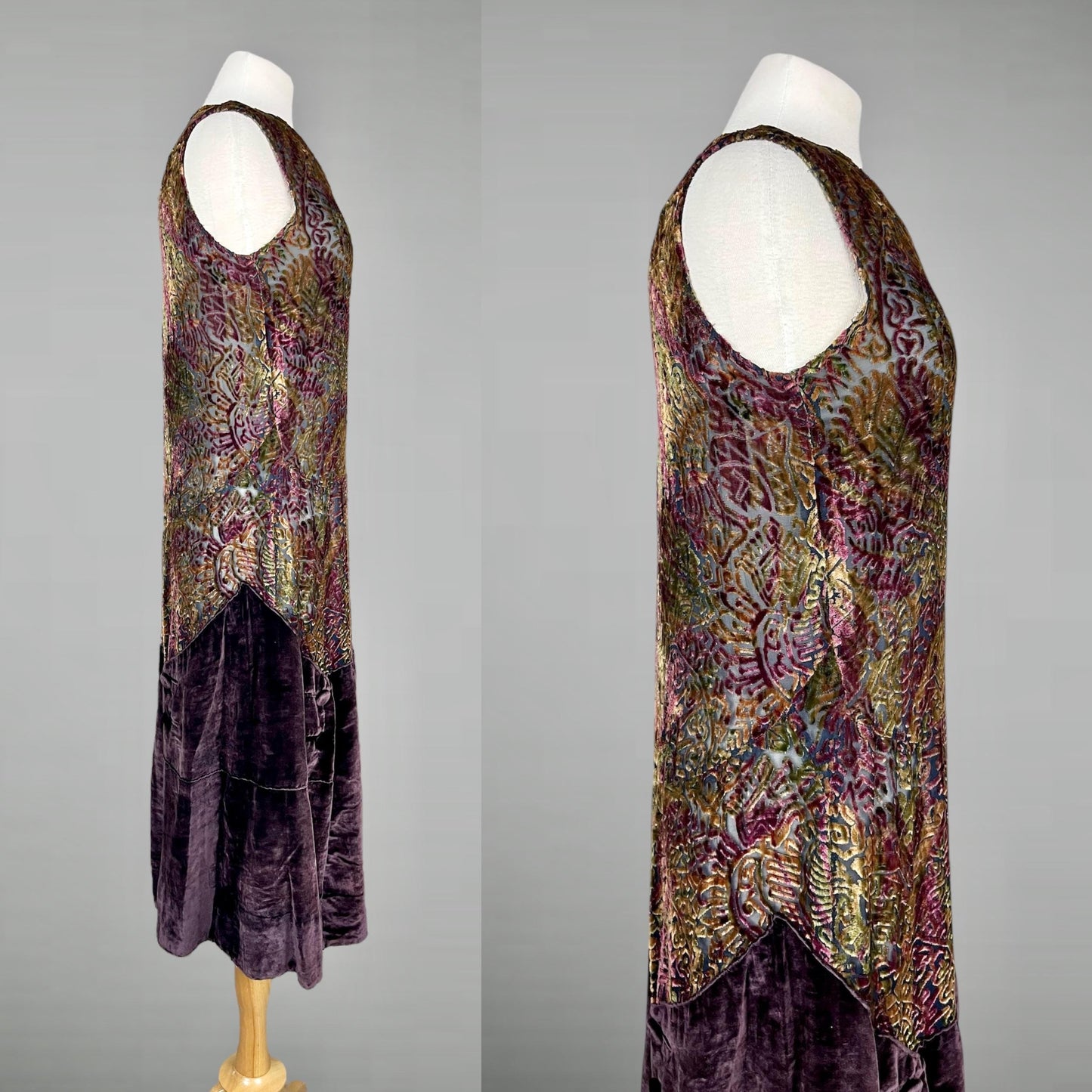 Vintage 1920s Devoré Burnout Silk Velvet Flapper Dress, Plum Gold & Olive, S