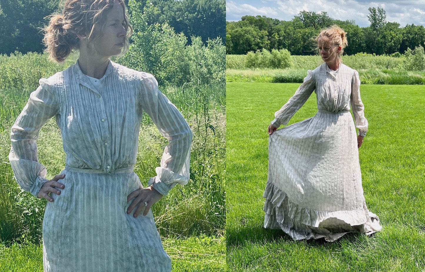 Antique Edwardian 1900s Printed Cotton Gibson Girl Dress, Tiered Skirt & Blouse Set, Small