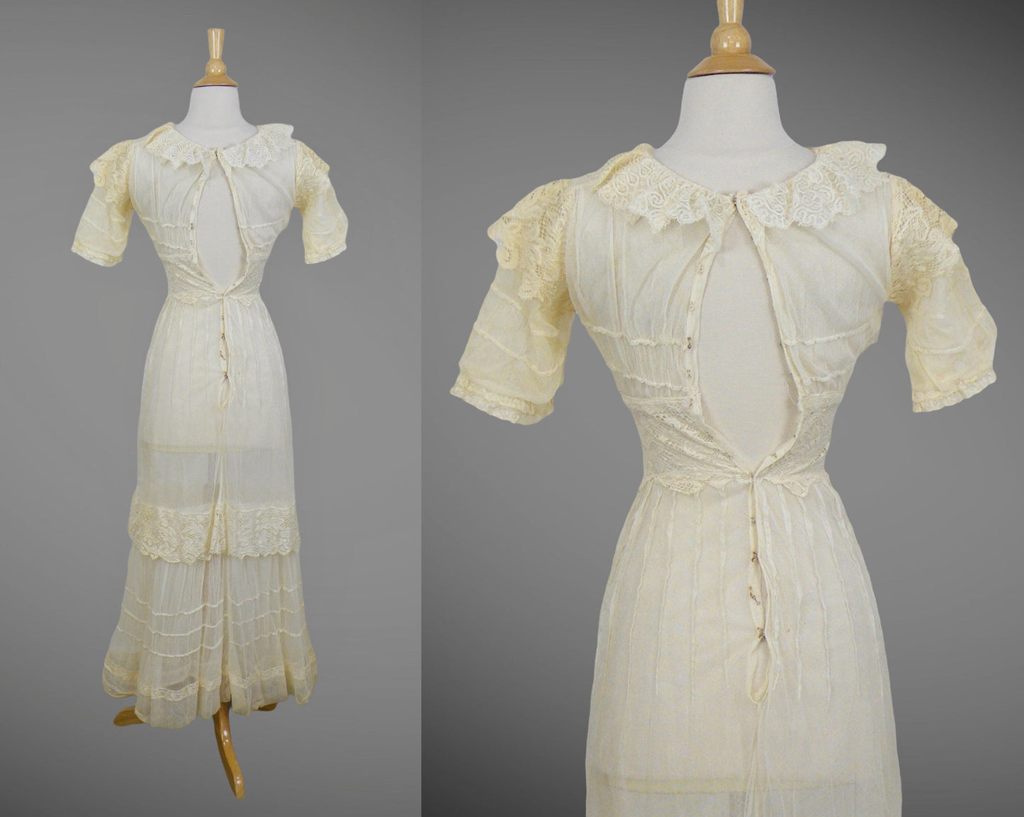 1910s Antique Cream Net Lace Edwardian Dress, XXS - XS