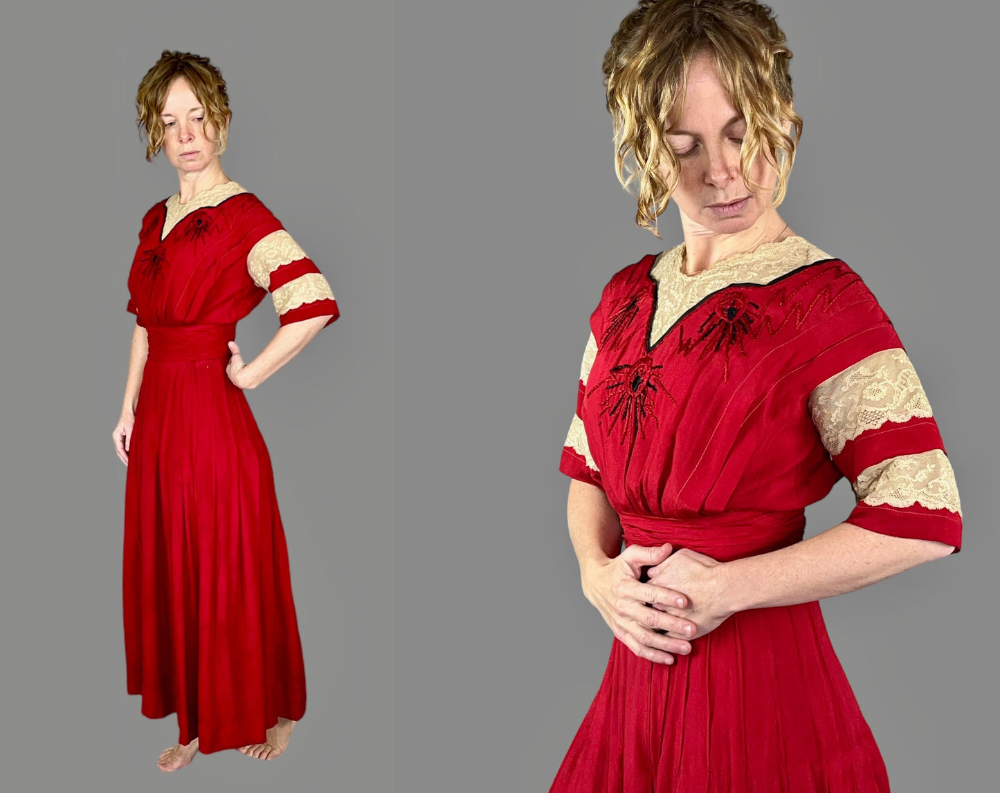 Antique Edwardian 1910s Red Silk Lace Dress, XS