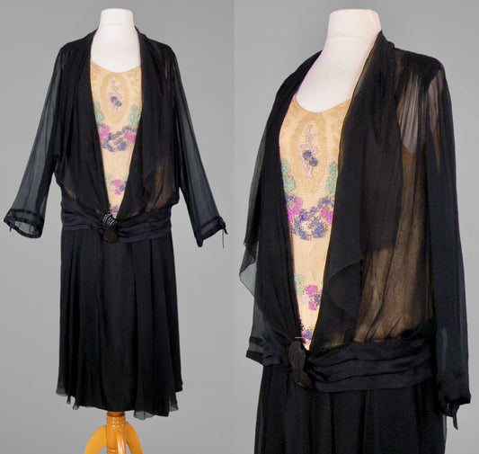Vintage 1920s Beaded Net & Silk Dress, Art Deco Evening Gown, S/M - Medium