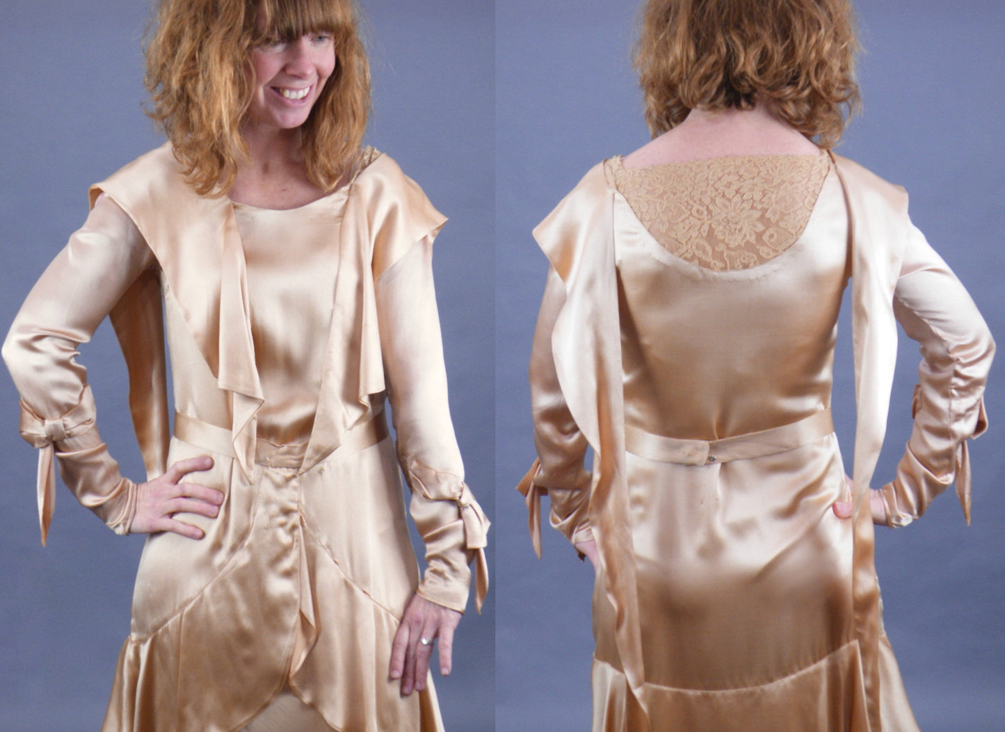 Vintage Late 1920s–Early 1930s Rose Gold Satin & Lace Tiered Evening Dress with Bow-Tie Sleeves, XS