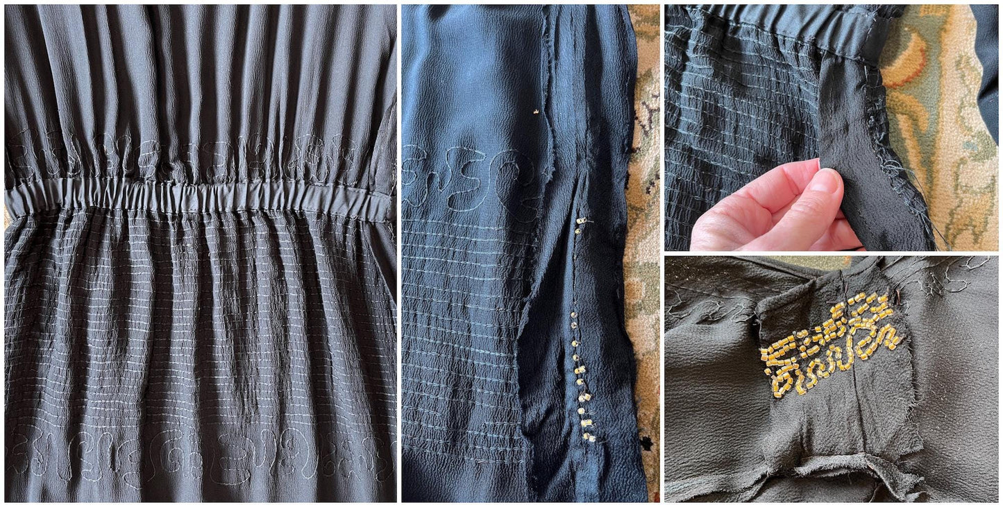 Vintage 1920s Black Silk Gold Beaded Dress with Belt, Art Deco 20s, S/M–M