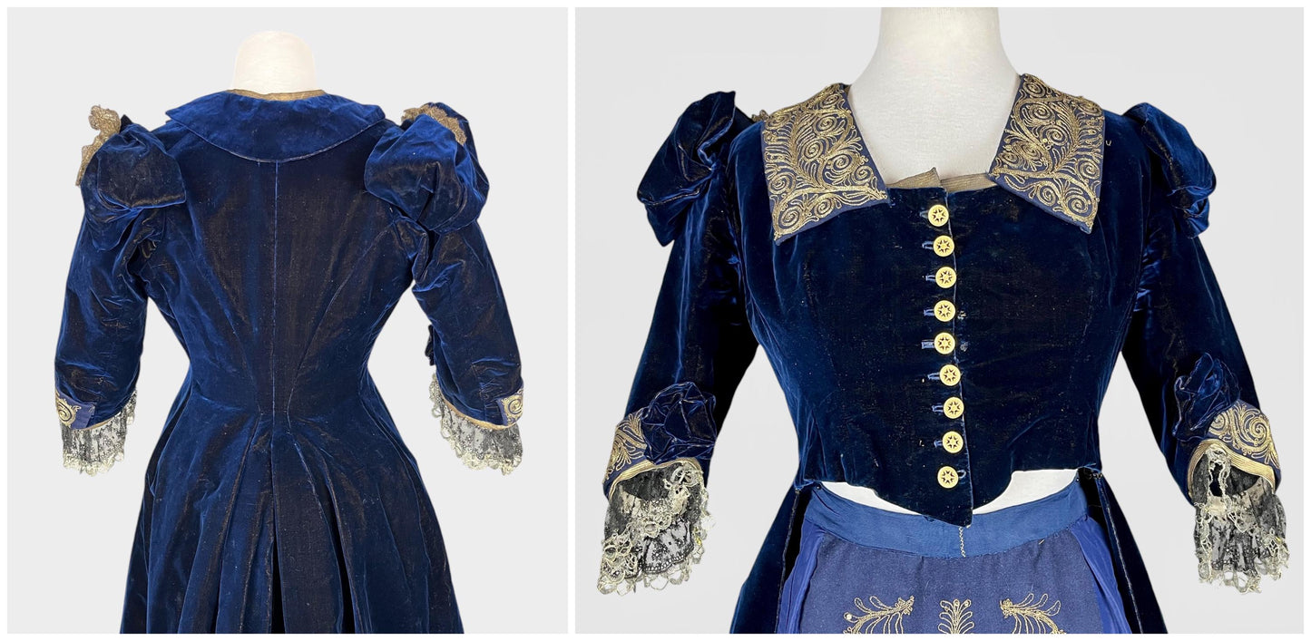 Antique Victorian Sapphire Blue Velvet Skirt & Cutaway Bodice Jacket with Gold Bullion Soutache Embroidery, Historical Costume, Medium