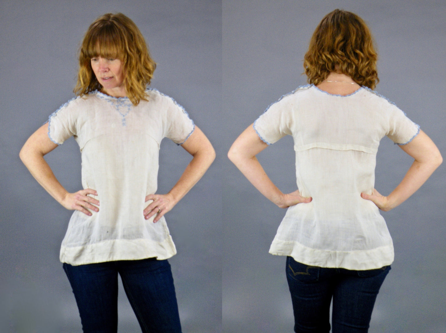 Late 1910s–Early 1920s Embroidered Blouse with Shoulder Button Snaps, XS