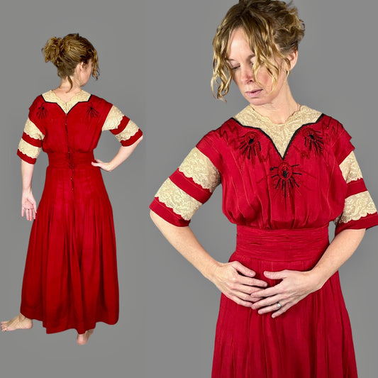 Antique Edwardian 1910s Red Silk Lace Dress, XS