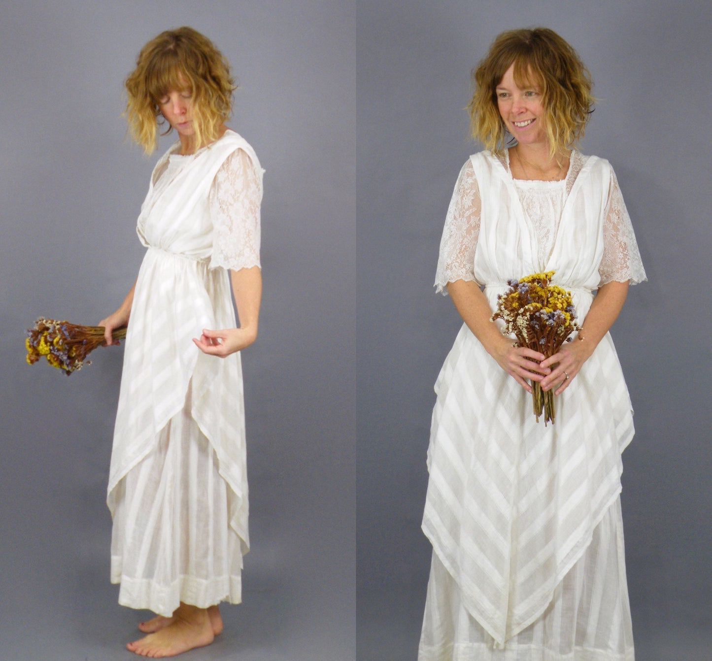 Antique 1900s Edwardian Tea Dress in Striped White Cotton with Lace, XS