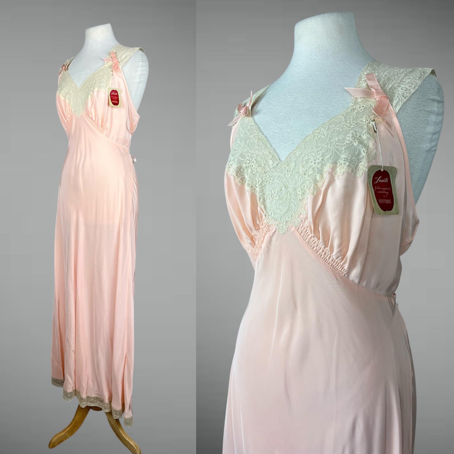 Vintage 1940s Pink Rayon Satin Nightgown, NOS Luxite Holeproof Bias-Cut Slip with Lace Bodice & Bows, M–L