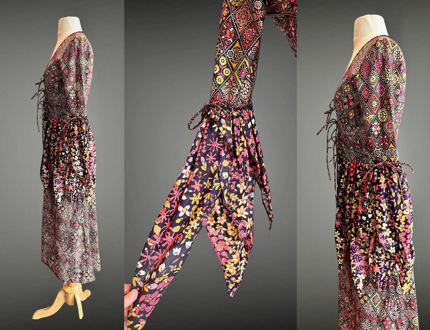 Vintage 1960s Floral Tie Plunging Neckline Woodstock Dress with Petal Sleeves & Peplum, XS