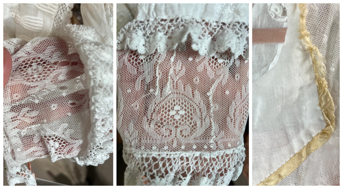 Edwardian 1900s White Cotton Gauze Lingerie Dress with Floral Net & Mother-of-Pearl Buttons, XS