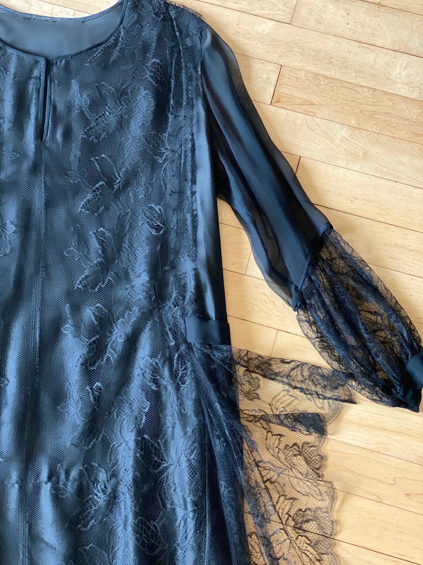 Vintage 1920s Black Silk Lace Dress, Jazz Age 20s Dress, Large