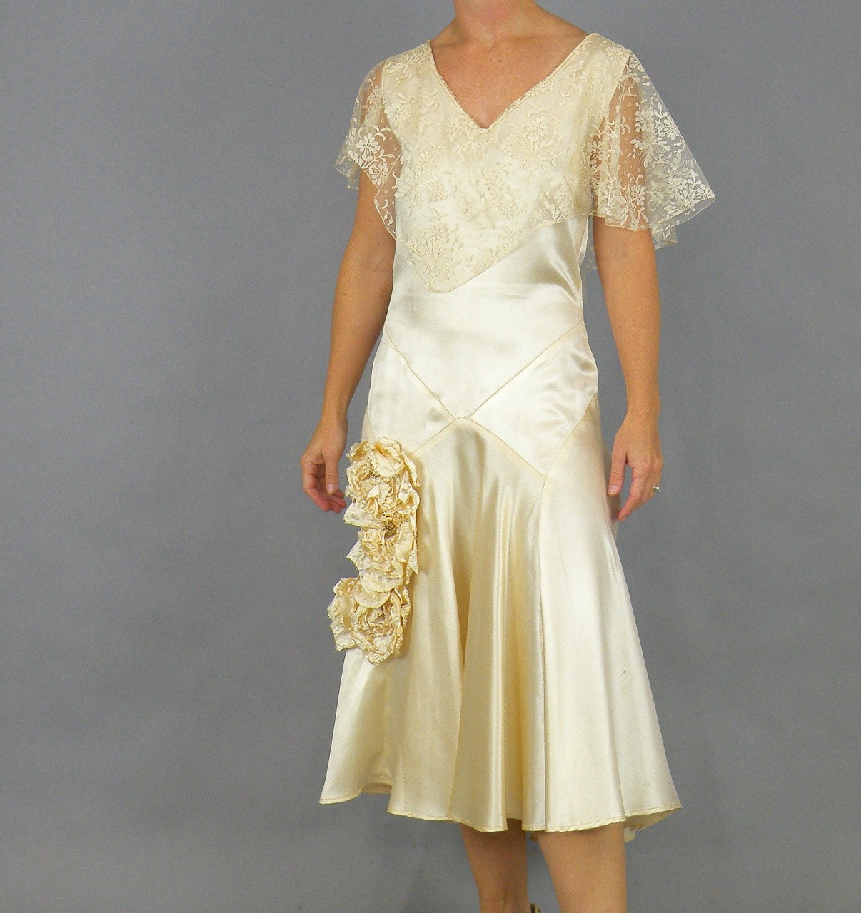 Antique 1920s Wedding Dress, Candlelight Satin & Lace Bridal Gown with 3D Flowers & Original Portrait, XXS - XS