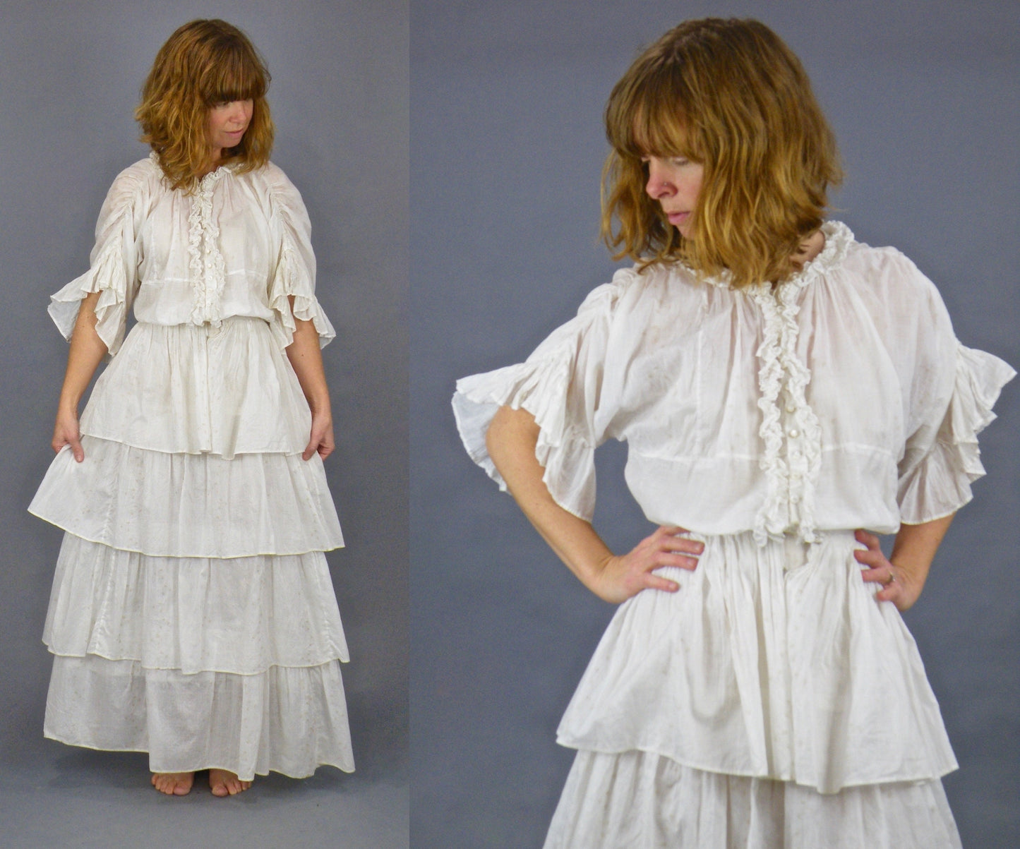 Antique Edwardian 1900s Printed Cotton 2-Piece Dress, Skirt & Tunic Blouse, XXS 23" Waist