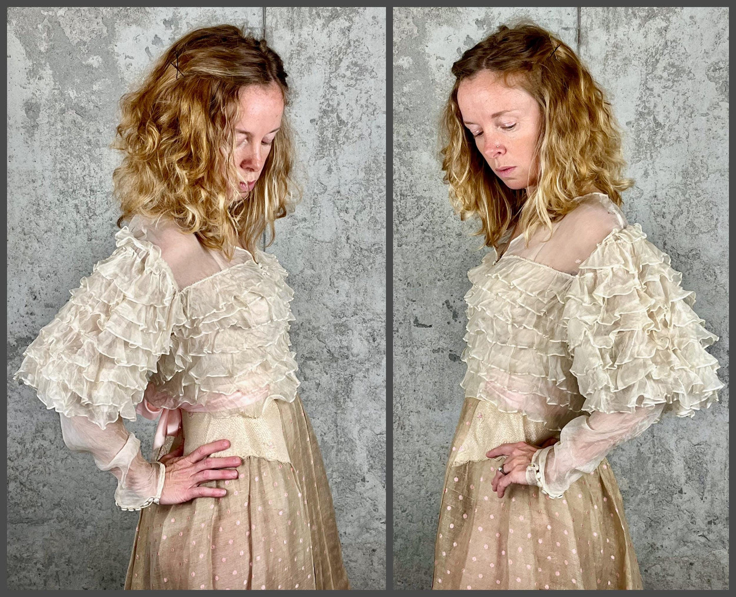 Vintage 1930s Sheer Silk Blouse with Leg-of-Mutton Sleeves & Tiered Ruffles, XS–Small
