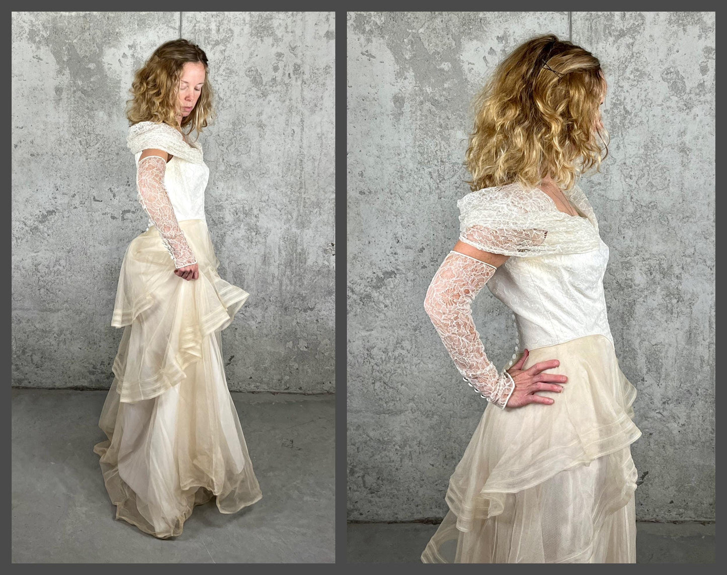 Vintage Late 1930s–1940s Wedding Dress, Satin & Net Lace Bridal Gown with Off-Shoulder Collar, Small