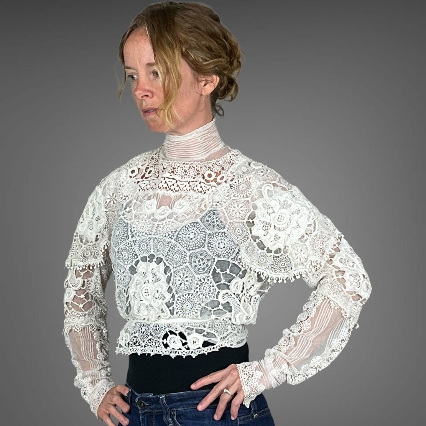 1900s Victorian Edwardian Mixed Lace Antique Blouse, XS 23 Waist