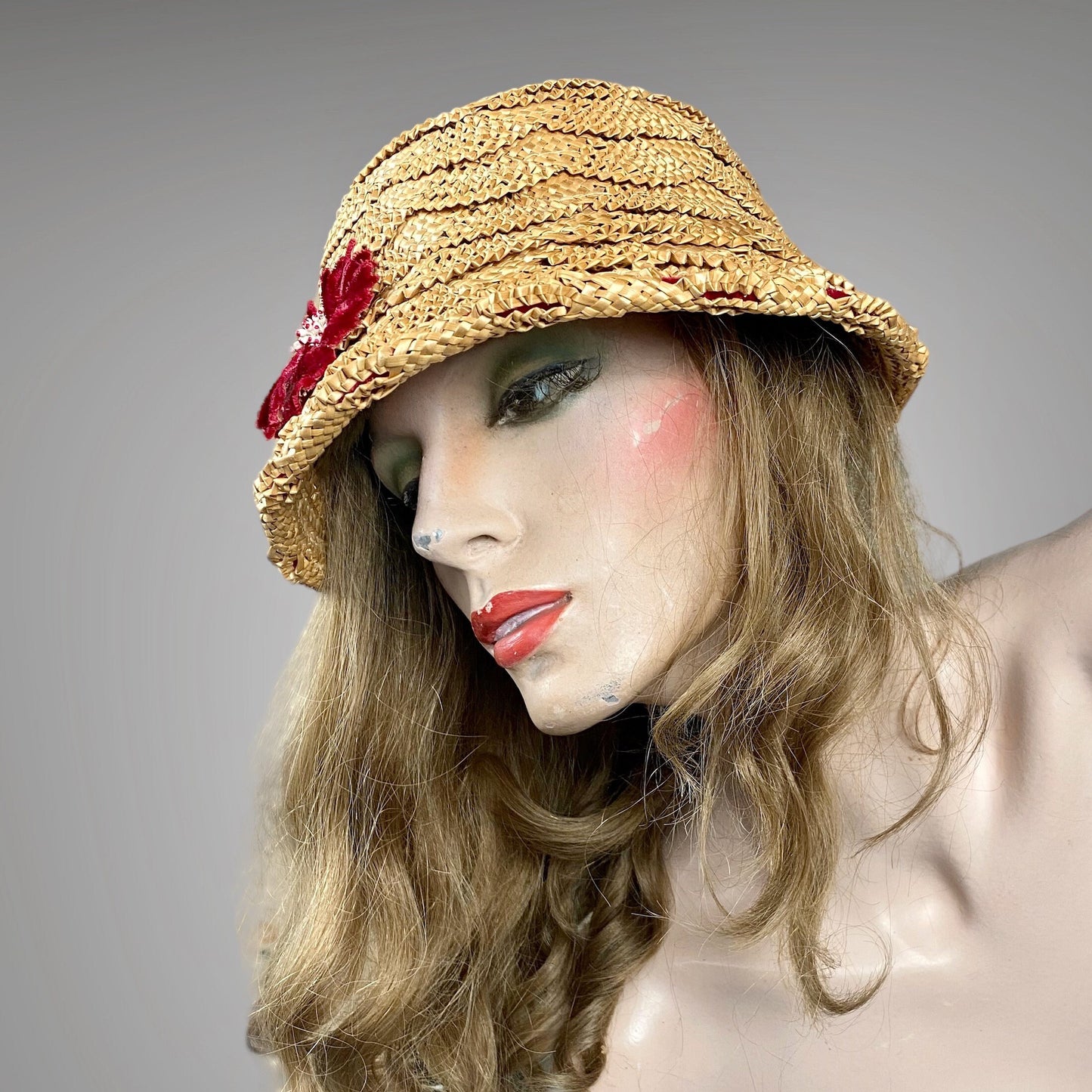 Vintage 1930s Straw Cloche Bucket Hat with Red Velvet Trim