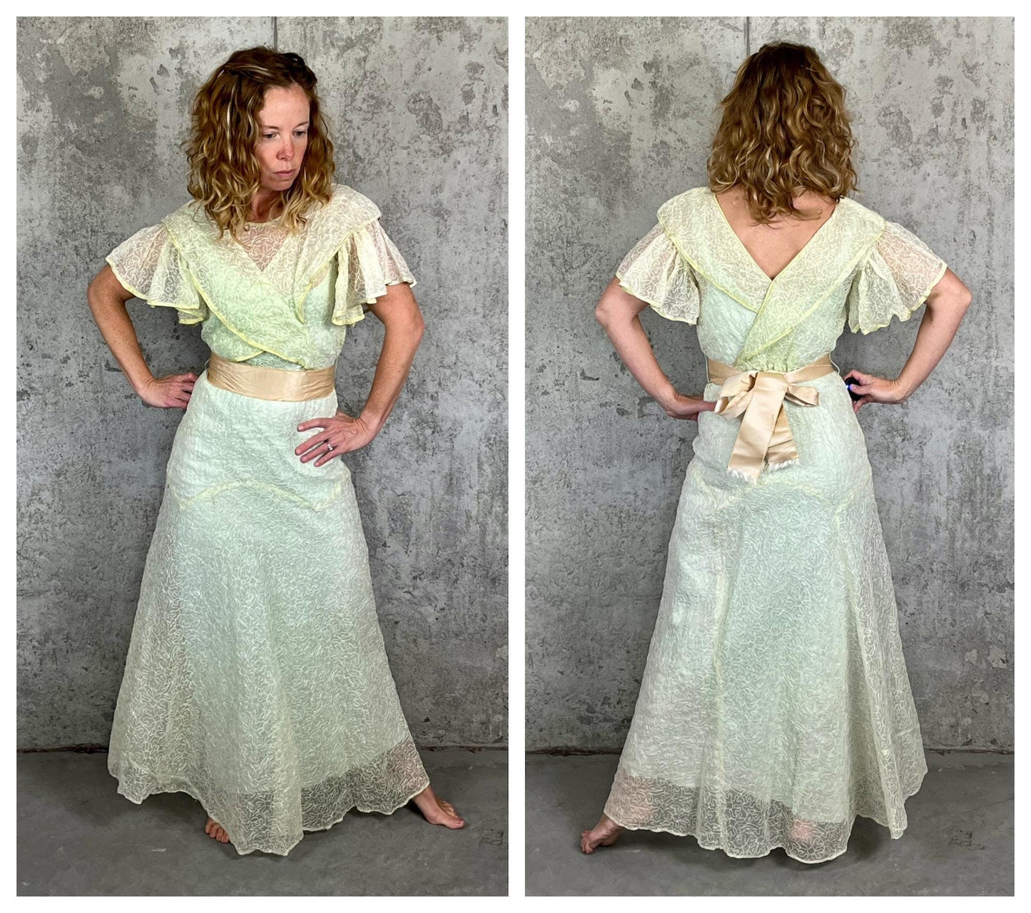 Vintage 1930s Sheer Green Organdy Gown, Embroidered Flutter Sleeve Art Deco Bias-Cut Dress, S / S-M