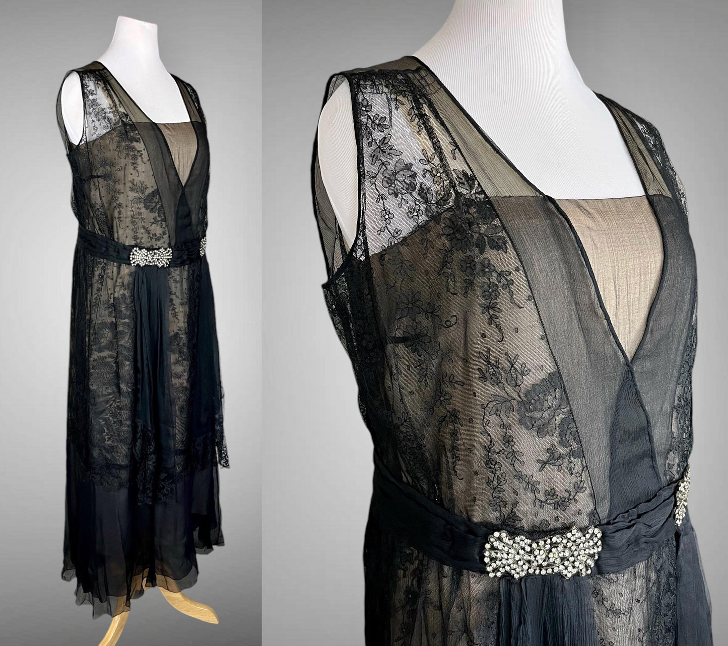 Vintage 1930s Black Silk Chiffon Chantilly Lace Evening Dress, Large