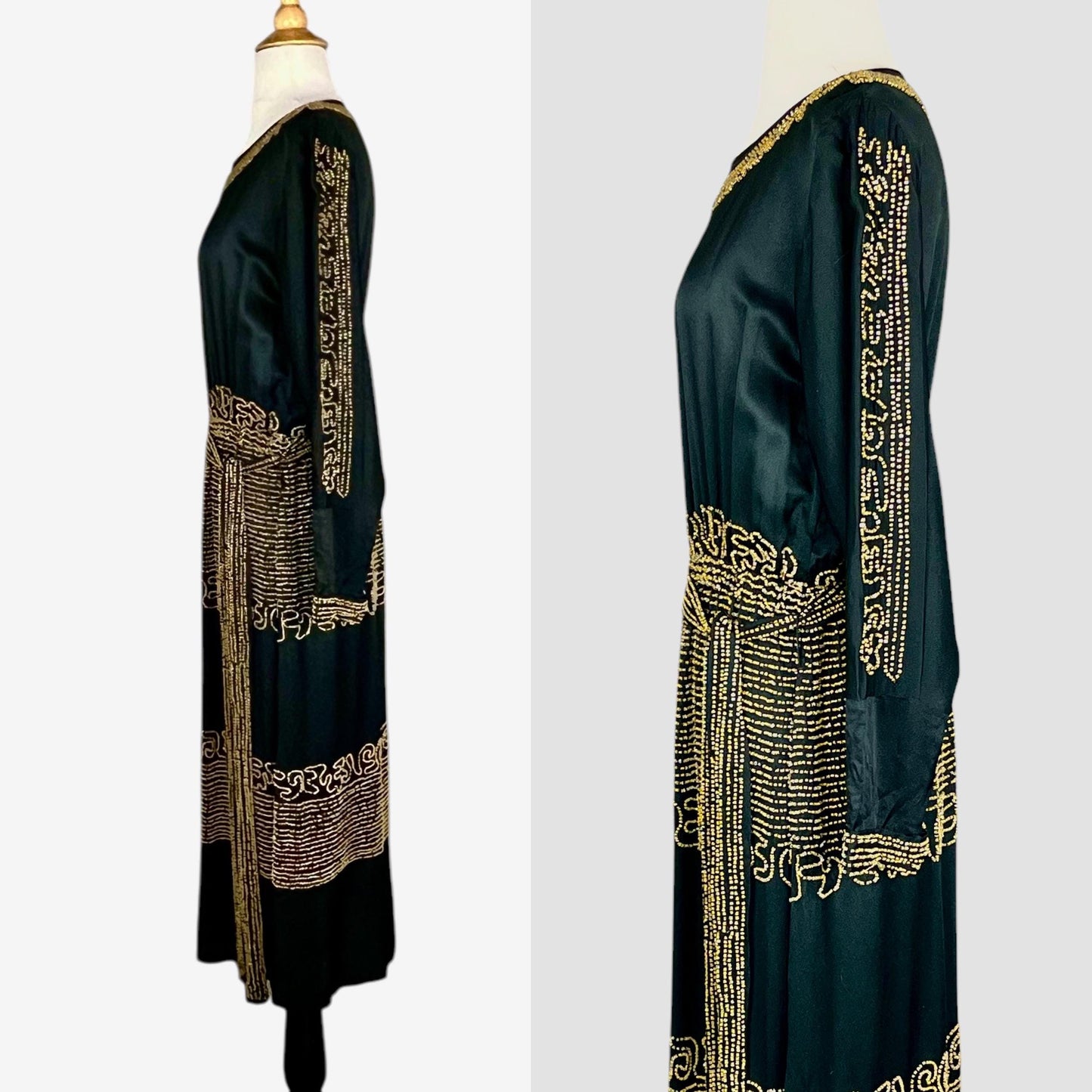 Vintage 1920s Black Silk Gold Beaded Dress with Belt, Art Deco 20s, S/M–M