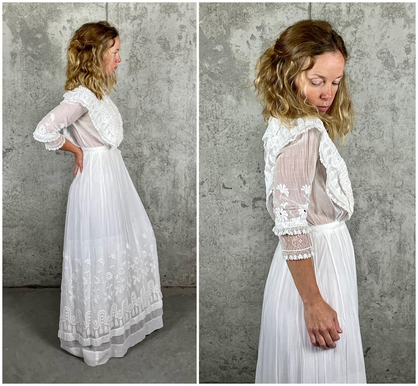 Edwardian 1900s White Cotton Gauze Lingerie Dress with Floral Net & Mother-of-Pearl Buttons, XS