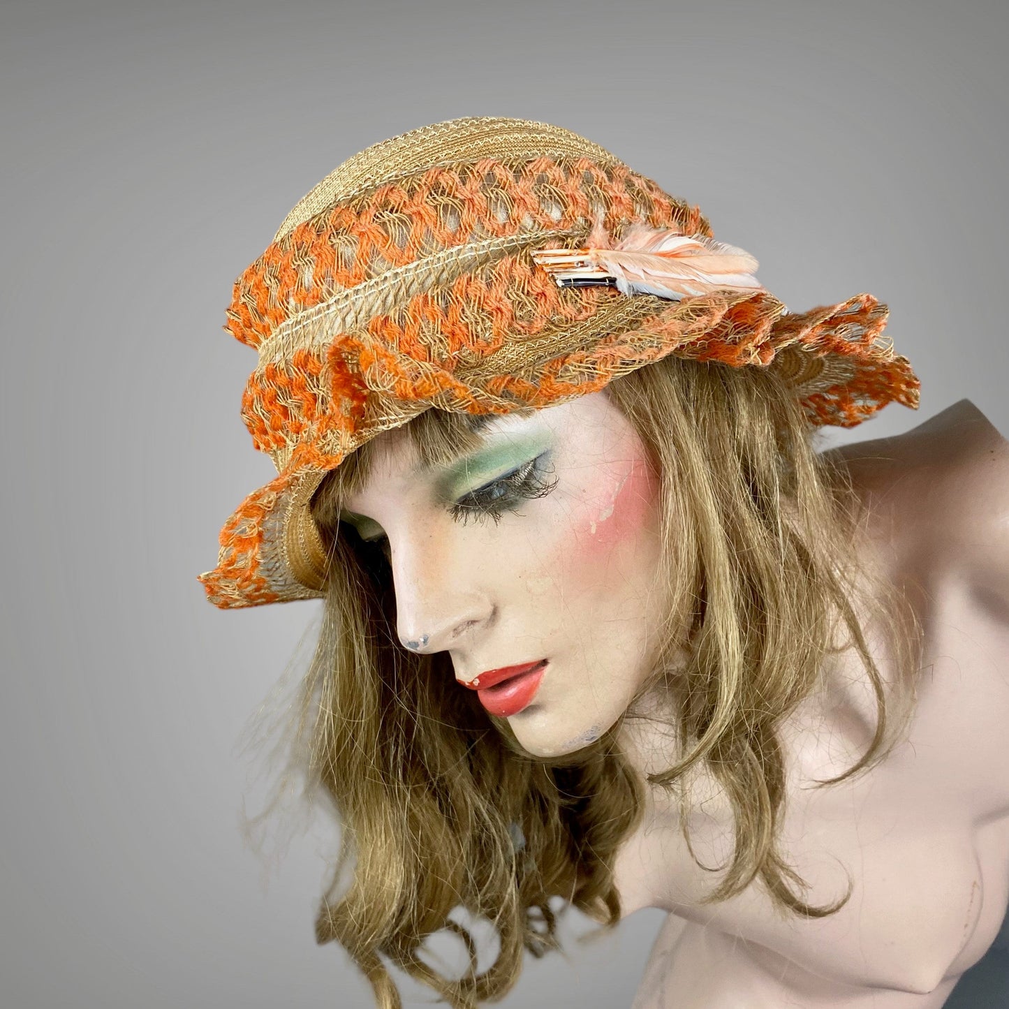 Vintage 1920s Orange Woven Straw and Horsehair Flapper Cloche Hat