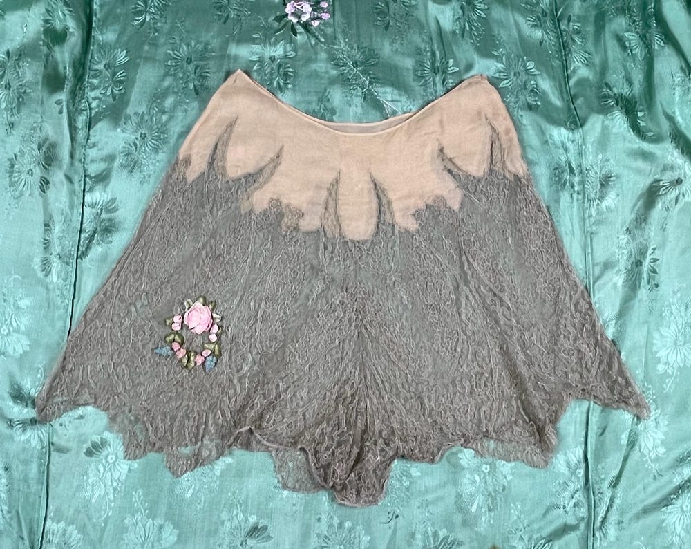 Vintage 1920s Lace Tap Pants with Ribbonwork Roses, Medium