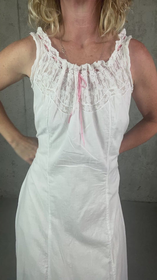 Antique 1900s Edwardian White Cotton Princess Petticoat Dress with Lace Trim