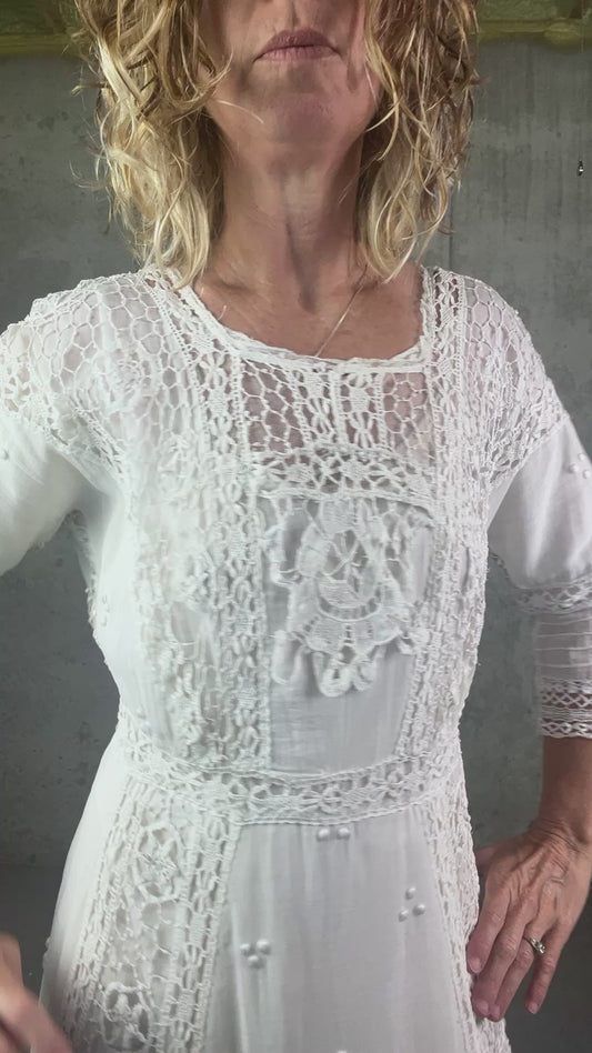 Antique 1910s Edwardian White Cotton Gauze Lingerie Dress with Cutwork Lace