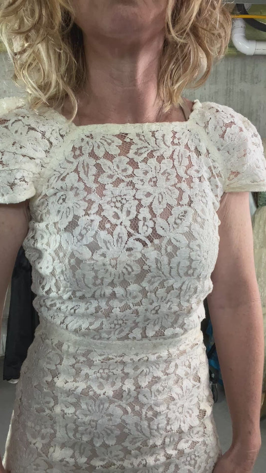 Vintage 1930s Ivory Floral Lace Bias Cut Gown with Open Back