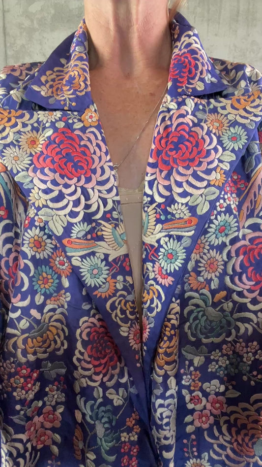 Rare 1920s Chinese Export Hand Embroidered Silk Evening Coat with Birds & Flowers