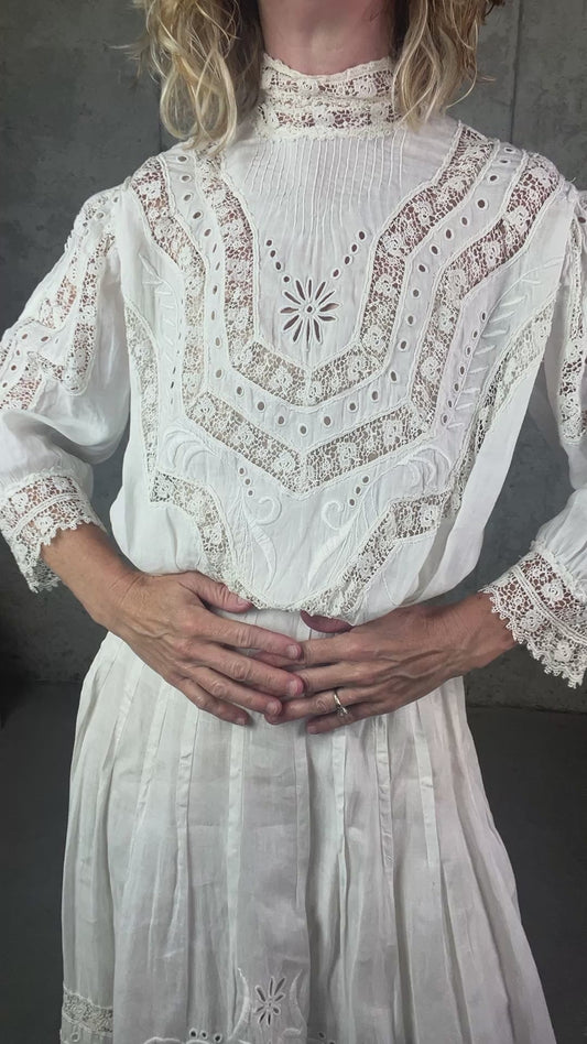 Antique Edwardian Gibson Girl Whitework Cotton Linen Dress Set with Lace and Embroidery