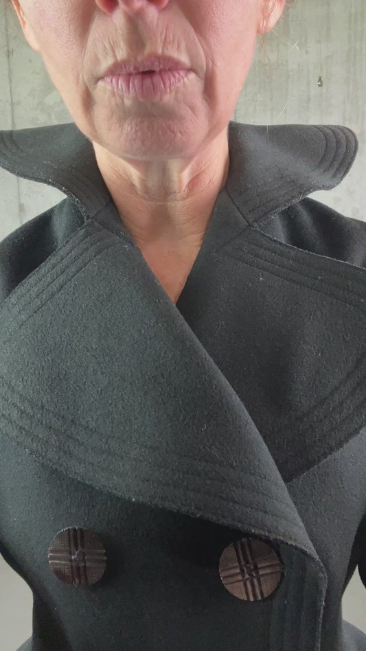 Antique 1890s Victorian Black Felted Wool Tailored Jacket with Dramatic Standing Collar