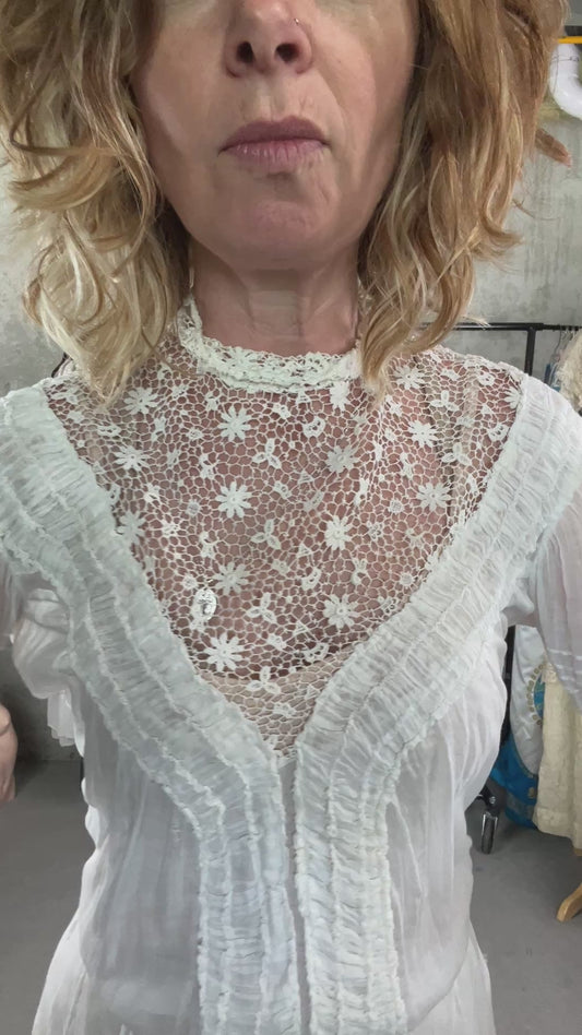 Antique 1910s White Sheer Cotton & Lace Two Piece Dress Set | Shirtwaist Blouse & Tiered Skirt