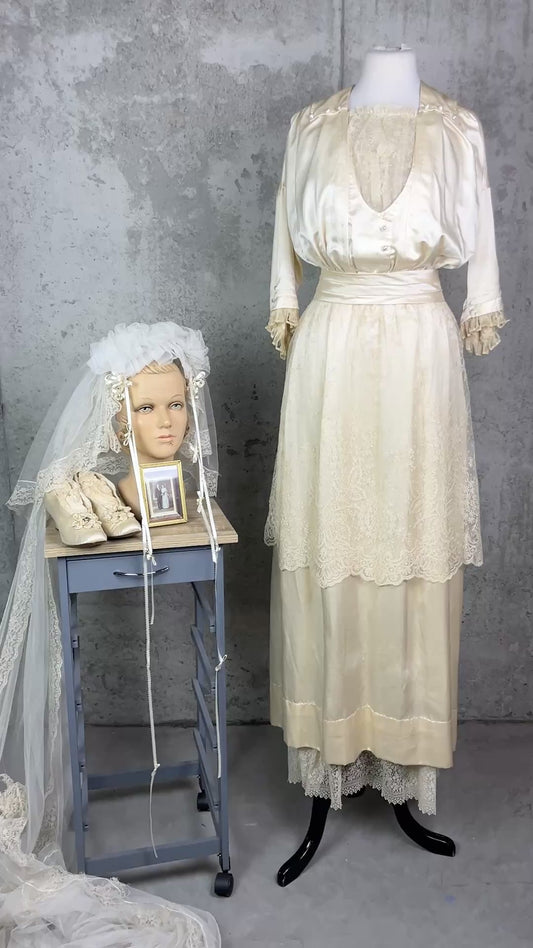 Antique 1900s 1910s Wedding Trousseau – Satin Lace Bridal Dress, Undergarments, Veil, Shoes & Accessories, Historical Heirloom