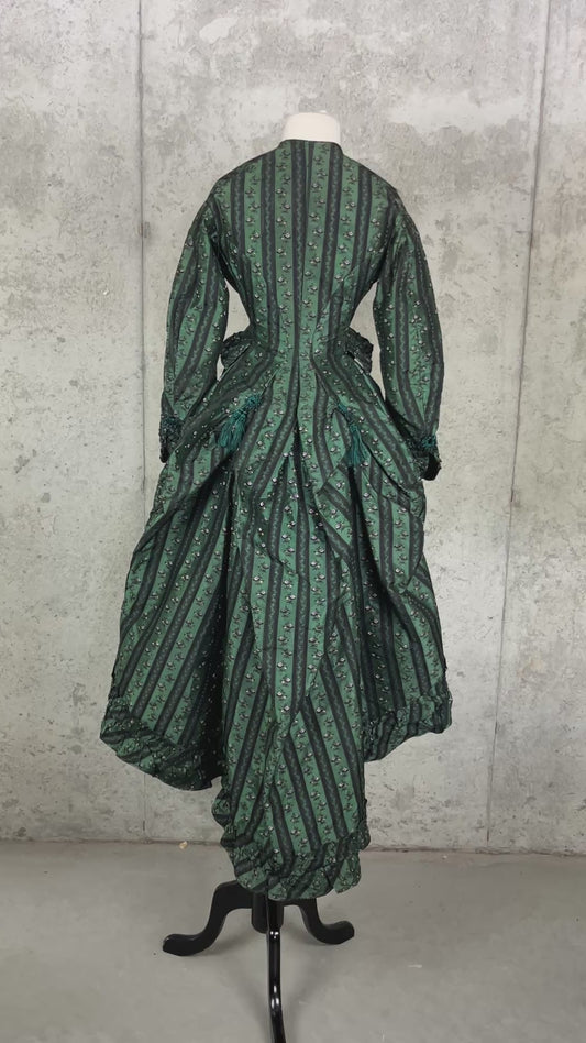 Exceptional Antique Victorian Polonaise Dress, 1870s–1880s, Emerald Green Figured Silk Bustle Gown, XXS