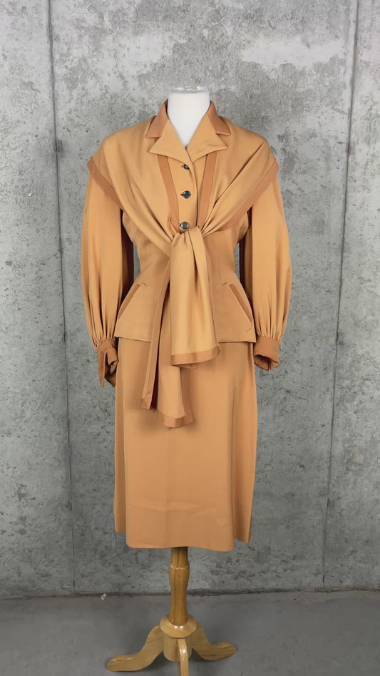 Vintage Late 1930s to Early 1940s Friess Original Camel Wool Three-Piece Suit with Removable Draped Shawl Collar & Bishop Sleeves