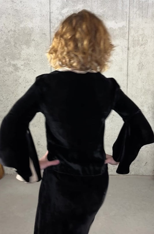 Antique Late 1920s Early 1930s Black Silk Velvet Dress with Beaded Neckline & Satin-Lined Bell Sleeves