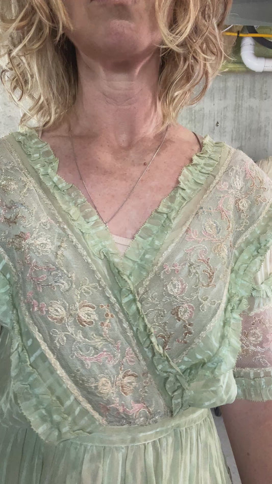 Antique Edwardian Deadstock Seafoam Green Cotton Day Dress with Pastel Floral Lace